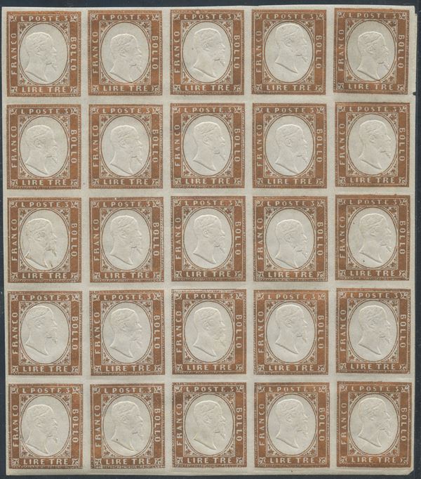 Sardinia - 3 Lire block of 25  - Auction Stamps and Postal History - Bertolami Fine Art - Casa d'Aste