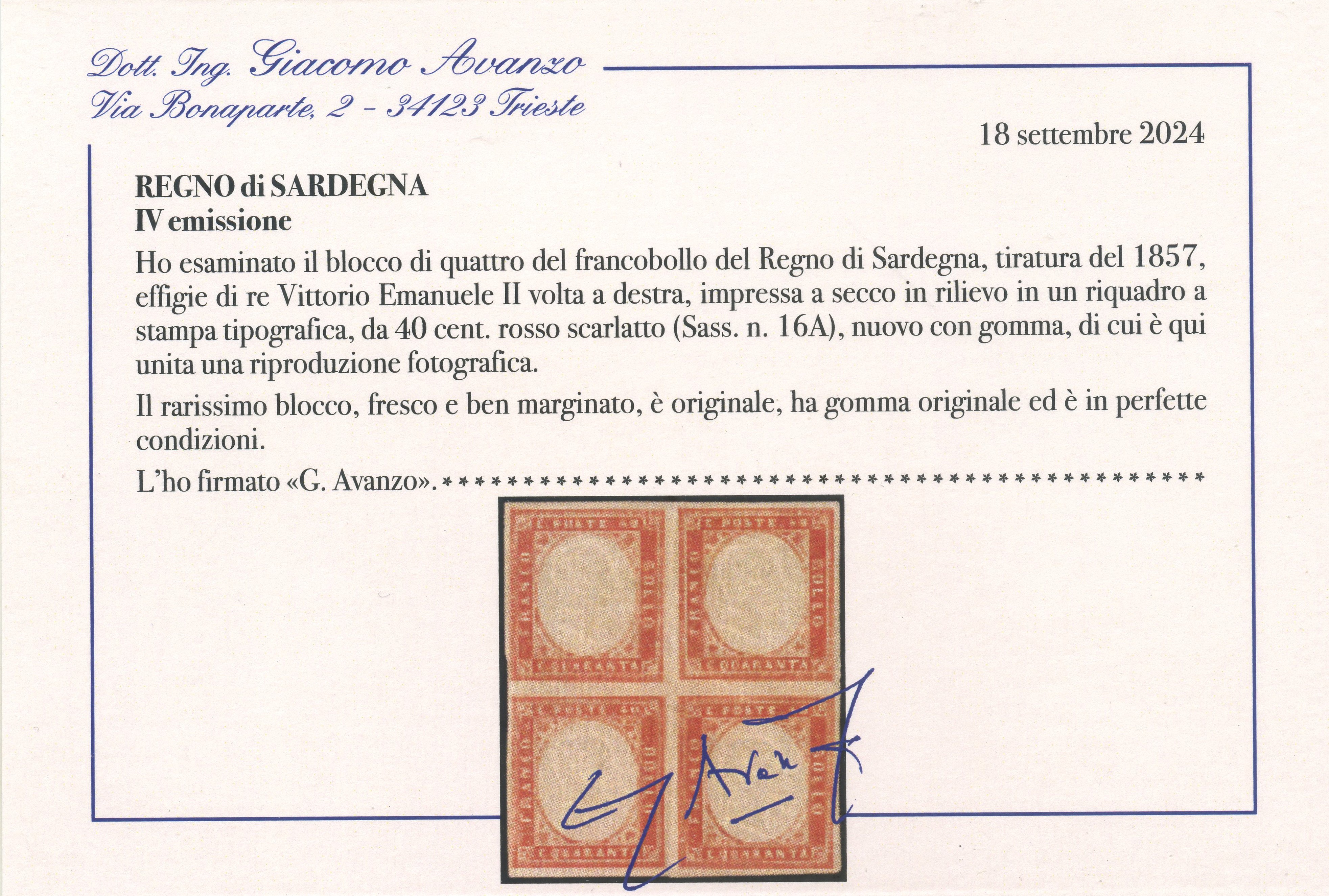 Sardegna - 40 Cent. Scarlatto in Quartina