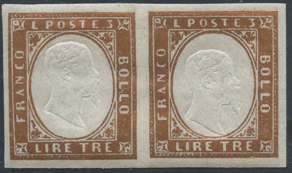 Sardinia - 3 Lire in pairs  - Auction Stamps and Postal History - Bertolami Fine Art - Casa d'Aste