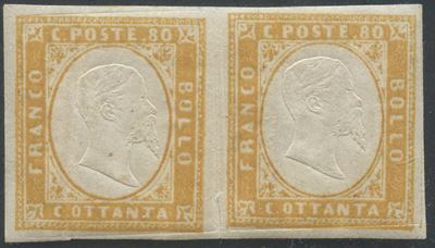 Sardegna, Coppia di francobolli da 80 centesimi, 1858
