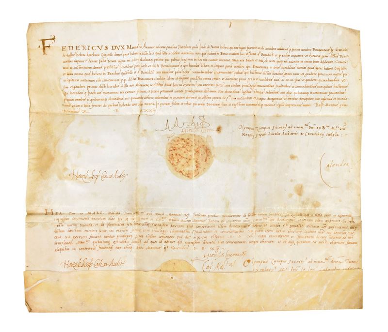 Federico II Gonzaga, Duca di Mantova / Ippolito Calandra – Grande Pergamena Manoscritta