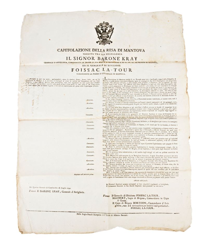 [editto] Capitolazione della Resa di Mantova, Castellucchio Luglio 1799. Incluso con : Avvertimen...