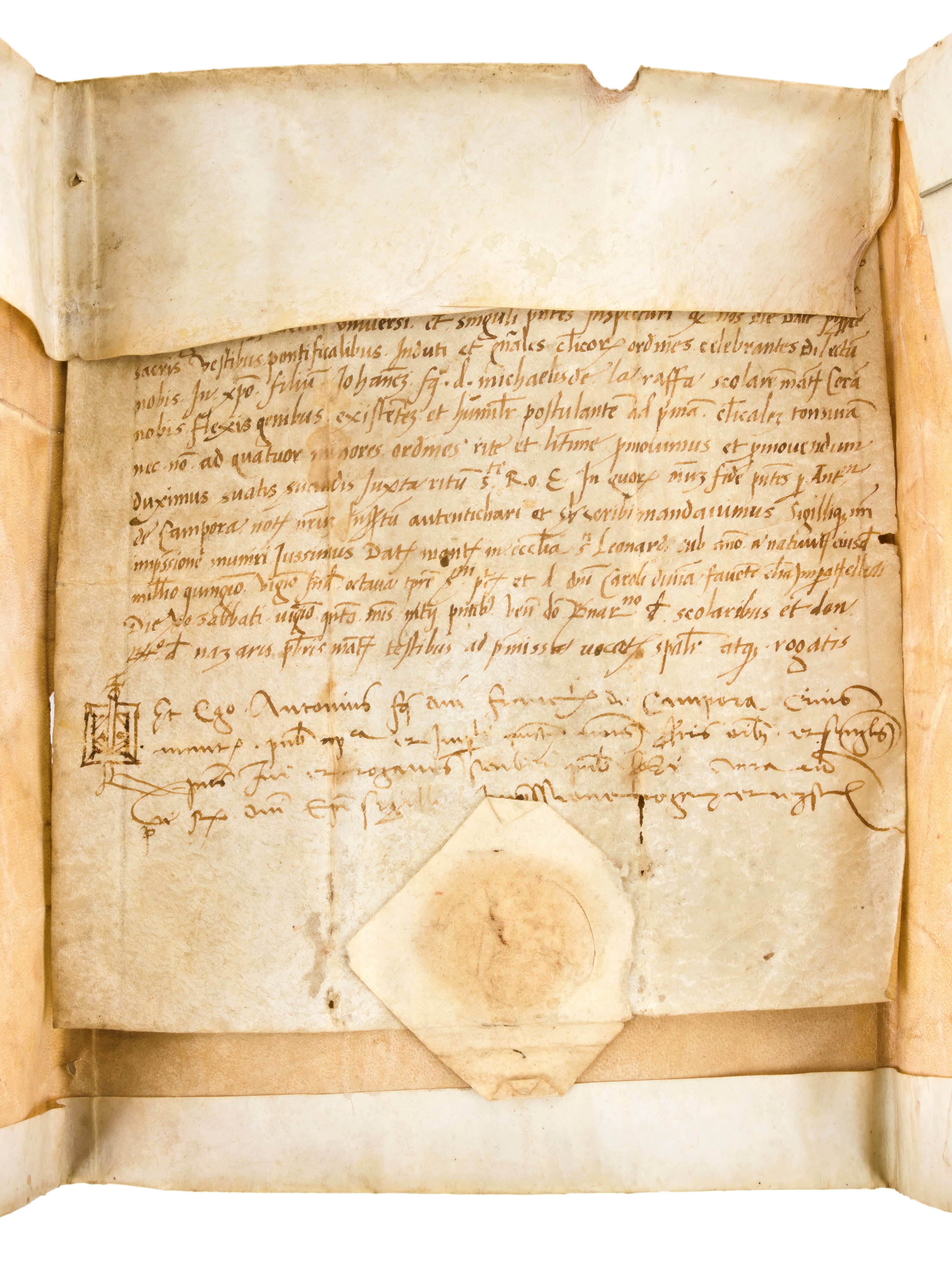 Attestato / Patente con Sigillo in antico astuccio in pergamena