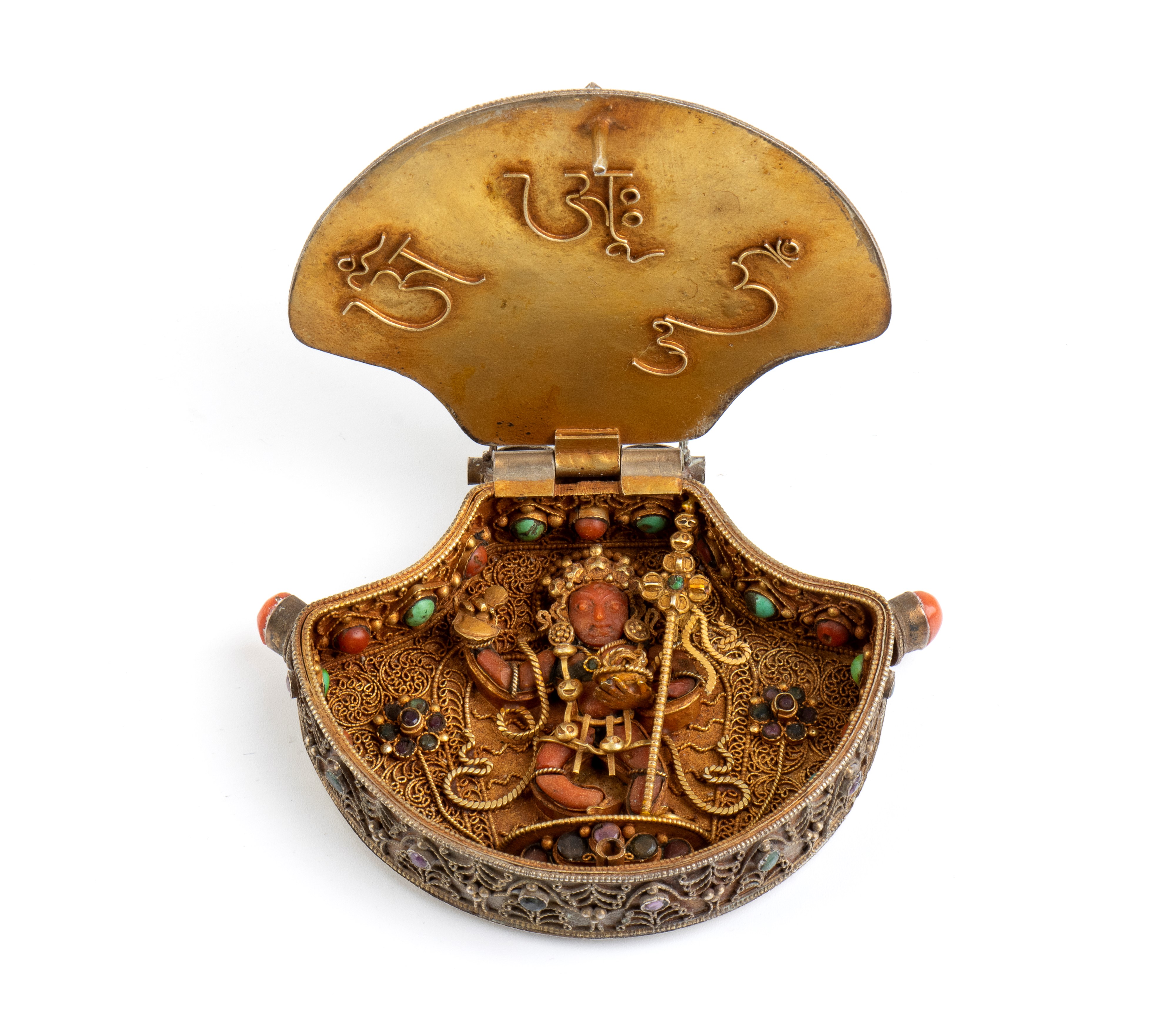 RELIQUIARIO GAU IN ARGENTO DORATO CON INSERTI IN PIETRE DURE E CORALLO