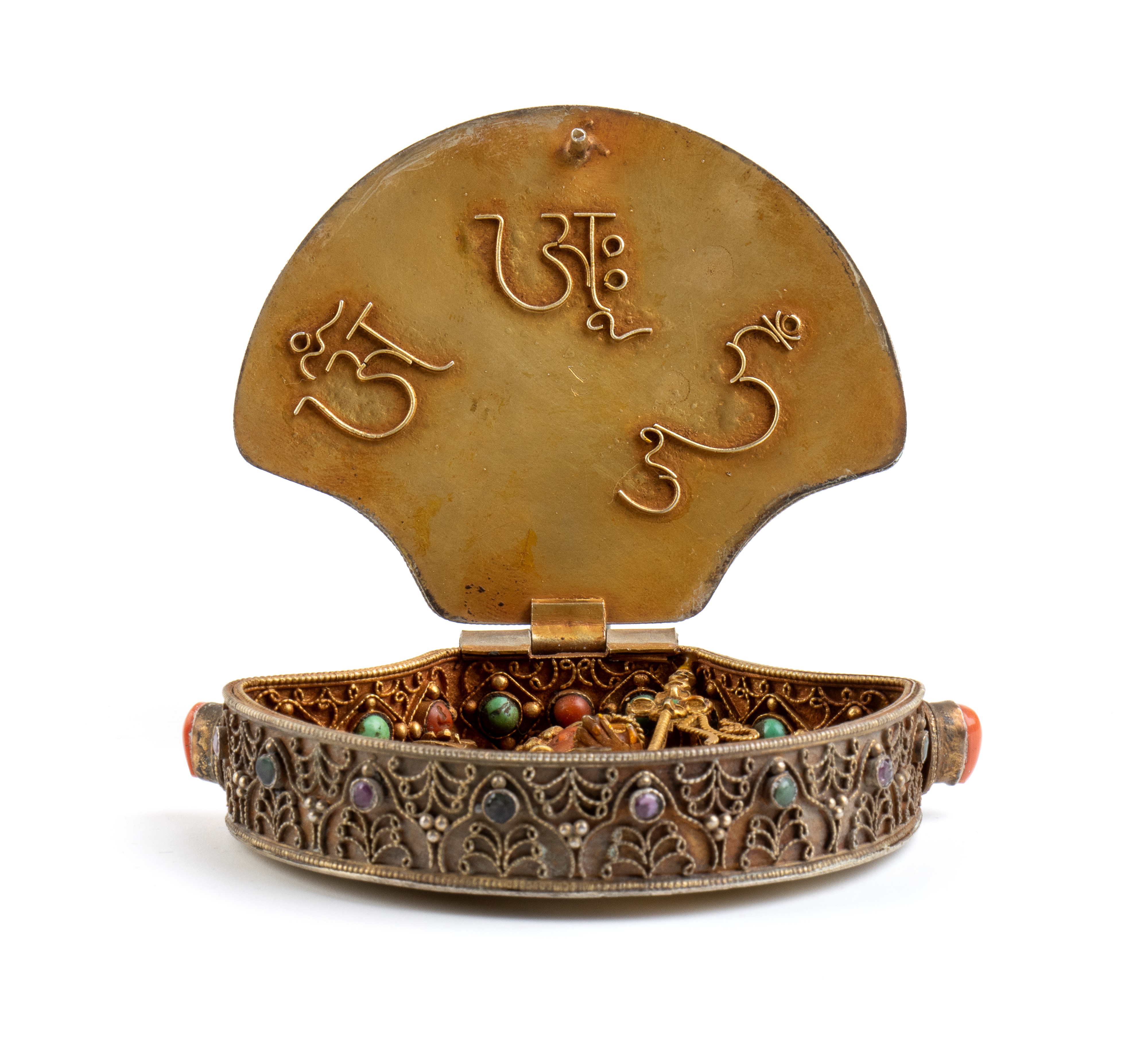 RELIQUIARIO GAU IN ARGENTO DORATO CON INSERTI IN PIETRE DURE E CORALLO