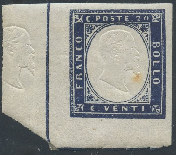 Sardegna - 20 cent. Indaco con doppia linea di riquadro  - Asta Francobolli e Storia Postale - Bertolami Fine Art - Casa d'Aste