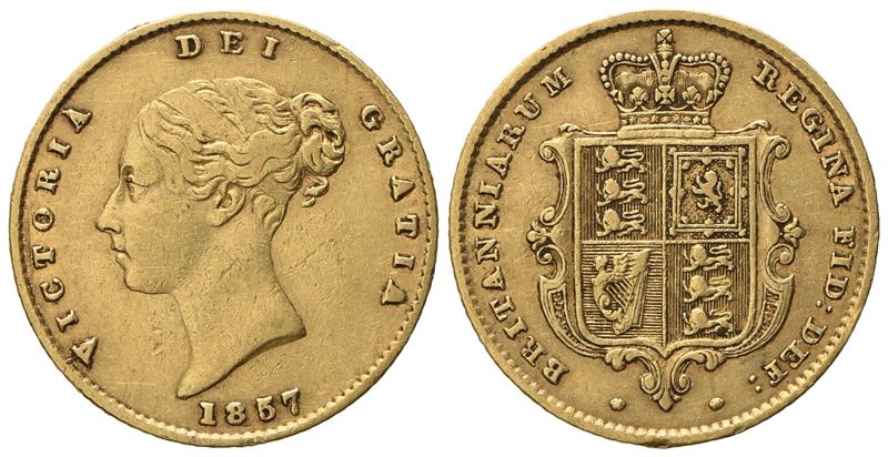 Inghilterra. Vittoria (1837 - 1901). Mezza Sterlina 1857. Au 917 (3,96 G; 19,2 MM)