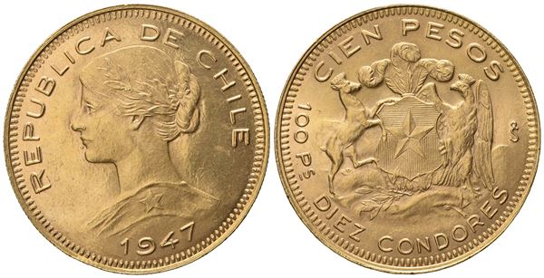 CILE. 100 pesos 1947. Au 900 (20,38 g; 30,9 mm)  - Auction Modern Coins - Bertolami Fine Art - Casa d'Aste