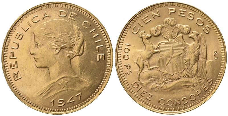 Cile. 100 Pesos 1947. Au 900 (20,38 G; 30,9 MM)