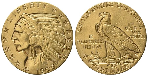 USA. 5 dollari 1909 "Indiano". Au 900 (8,35 g; 21,2 mm).  - Auction Modern Coins - Bertolami Fine Art - Casa d'Aste