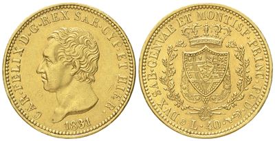 Regno di Sardegna. Torino. Carlo Felice (1821-1831). 40 Lire 1831. Au (12,88 G; 25,8 MM)