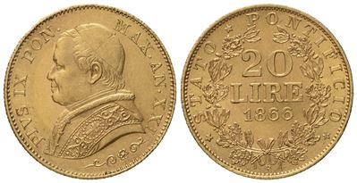 Stato Pontificio. Roma. Pio IX (1846-1870). 20 Lire 1866. Au (6,44 G; 21,2 MM)