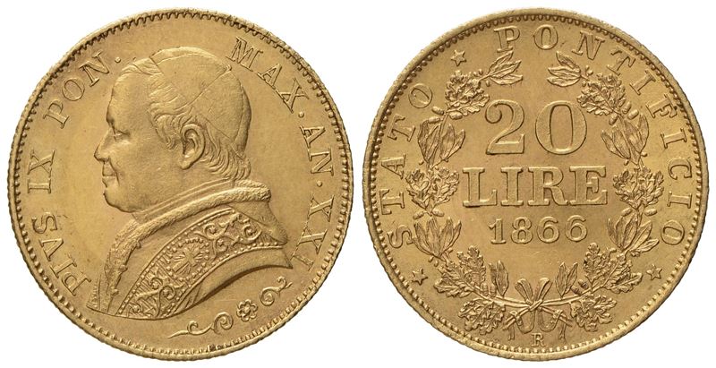 Stato Pontificio. Roma. Pio IX (1846-1870). 20 Lire 1866. Au (6,44 G; 21,2 MM)