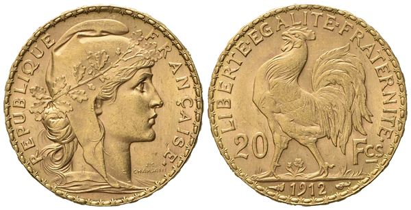 FRANCIA. Terza Repubblica (1870 - 1940). 20 Franchi 1912. Au 900 (6,47 g; 20,9 mm)  - Asta Monete e medaglie medievali e moderne italiane ed estere - Bertolami Fine Art - Casa d'Aste