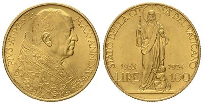 Vaticano. Pio XI (1929-1938). 100 Lire 1933 1934 'giubileo'. Au (8,78 G; 23,4 MM)