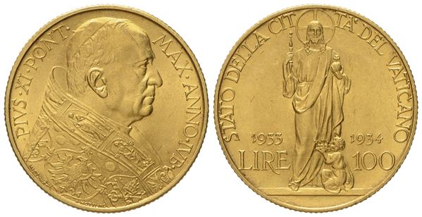 VATICANO. Pio XI (1929-1938). 100 lire 1933 1934 "Giubileo". Au (8,78 g; 23,4 mm)  - Asta Monete e medaglie medievali e moderne italiane ed estere - Bertolami Fine Art - Casa d'Aste