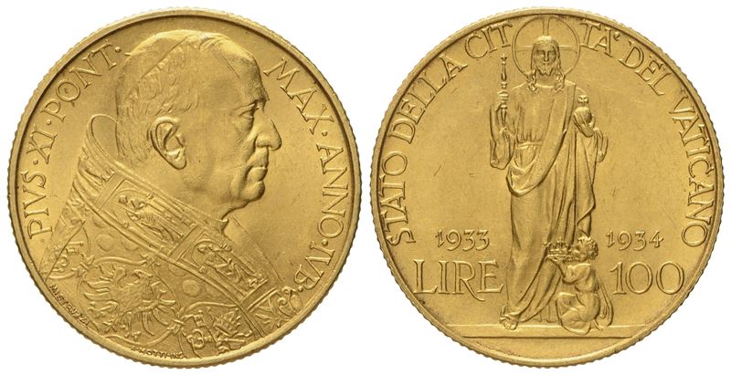 Vaticano. Pio XI (1929-1938). 100 Lire 1933 1934 'giubileo'. Au (8,78 G; 23,4 MM)