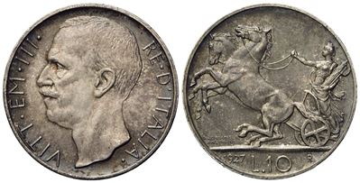 Regno D'italia. Vittorio Emanuele III (1900-1943). 10 Lire "biga" 1927 Due Rosette. Ag (10 G; 26,...