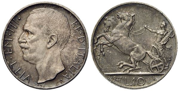 REGNO D'ITALIA. Vittorio Emanuele III (1900-1943). 10 lire "biga" 1927 due rosette. Ag (10 g; 26,8 mm)  - Asta Monete e medaglie medievali e moderne italiane ed estere - Bertolami Fine Art - Casa d'Aste