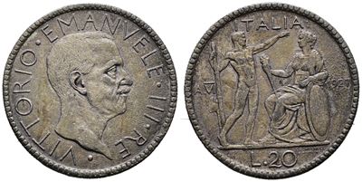 Vittorio Emanuele III, 20 lire 1927, FALSO DA STUDIO, Metallo Bianco