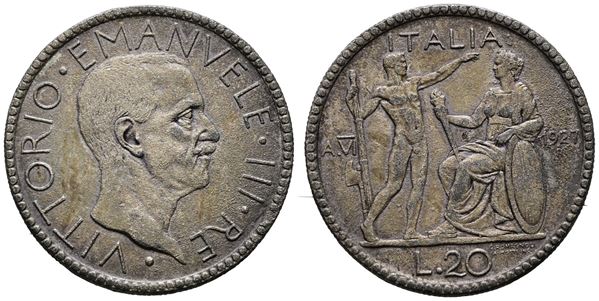 REGNO D'ITALIA. Vittorio Emanuele III. 20 lire 1927. FALSO DA STUDIO. Metallo Bianco