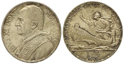 Vaticano. Pio XI (1929-1938). 5 Lire 1931 Anno X. Ag (5,04 G; 22,9 MM)