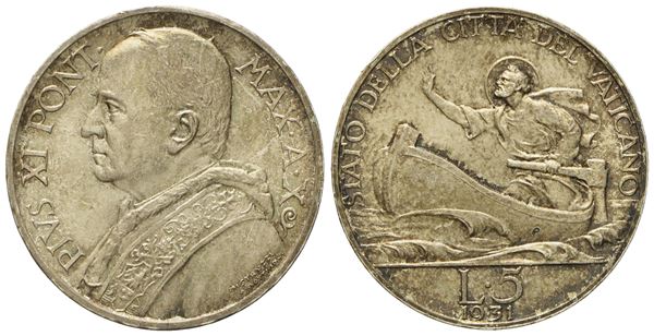 VATICANO. Pio XI (1929-1938). 5 lire 1931 anno X. Ag (5,04 g; 22,9 mm)  - Asta Monete e medaglie medievali e moderne italiane ed estere - Bertolami Fine Art - Casa d'Aste