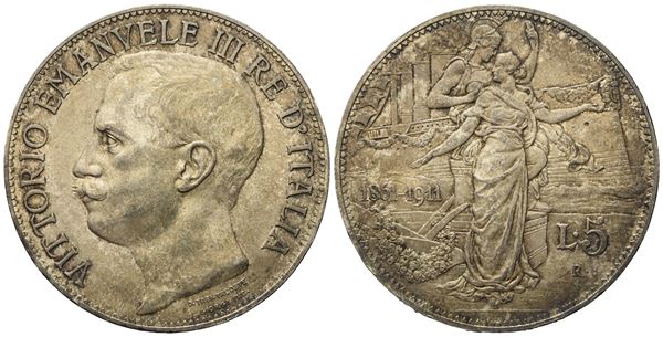 REGNO D'ITALIA. Vittorio Emanuele III (1900 - 1943). 5 lire 1911 "Cinquantenario". Ag (24,96 g; 36,9 mm)  - Asta Monete e medaglie medievali e moderne italiane ed estere - Bertolami Fine Art - Casa d'Aste