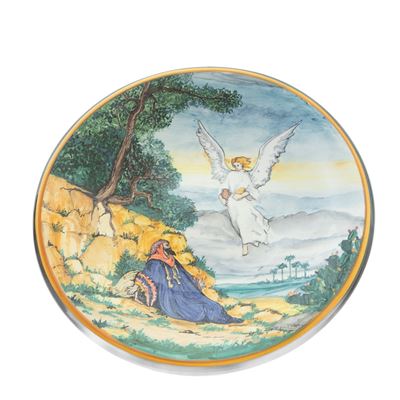 Elia Nutrito da un Angelo, Piatto da Pompa in Ceramica Policroma