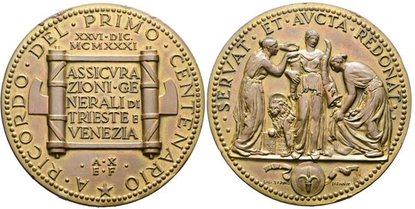 TRIESTE. Medaglia centenario Assicurazioni Generali di Trieste e Venezia 1931. Opus: Supino. AE Dorato.55mm. Colpetti.