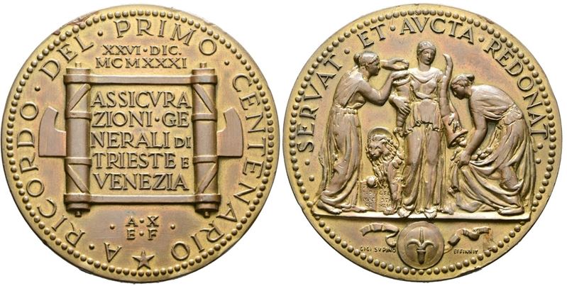 Supino, Medaglia del centenario delle Assicurazioni Generali di Trieste e Venezia (1931), AE dora...