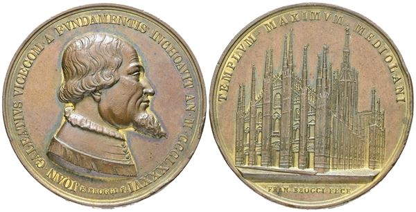 MILANO. Medaglia 1886 per il 500 anniversario della costruzione del duomo di Milano da parte di Galeazzo Visconti. Inc. Broggi. AE con resto di doratura. 47,50mm  - Asta MONETE E MEDAGLIE MODERNE, CONI, PUNZONI E RARITÀ MASSONICHE - Bertolami Fine Art - Casa d'Aste