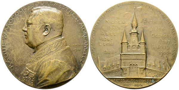 PERSONAGGI. BELGIO. Medaglia Raoul Warocqué Morlanwelz Mariemont 1905 Opus: DEVRESSE. Ae Dorato 60mm. 92gr.