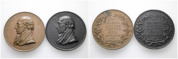 Lotto di 2 Medaglie commemoranti Hans Conrad Escher von der Linth del 1823. Julius-274 in AE e Peltro patinato (quest'ultima ex mount). 51mm.