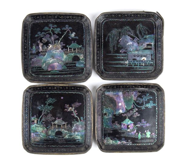 FOUR SMALL BURGAUTÉ LACQUER TRAYS