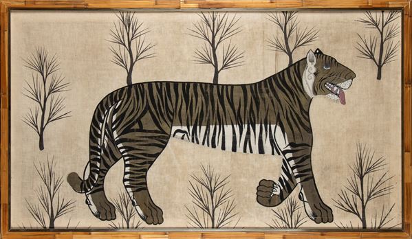 A INK AND COLORS ON COTTON PAINTING WITH A TIGER  - Auction Asian and Tribal Art - Bertolami Fine Art - Casa d'Aste