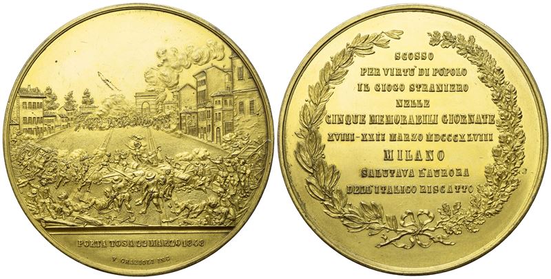 Milano. Medaglia 1848 per le 5 Giornate "porta Tosa". Opus: Grazioli. Ae Dorato; 122gr; 66mm. Med...
