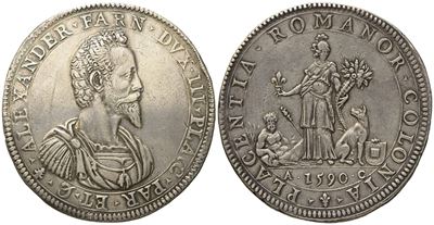 Piacenza. Alessandro Farnese (1586 - 1591). Doppio Ducatone 1590. Ag (64,4 G; 49,5 MM)