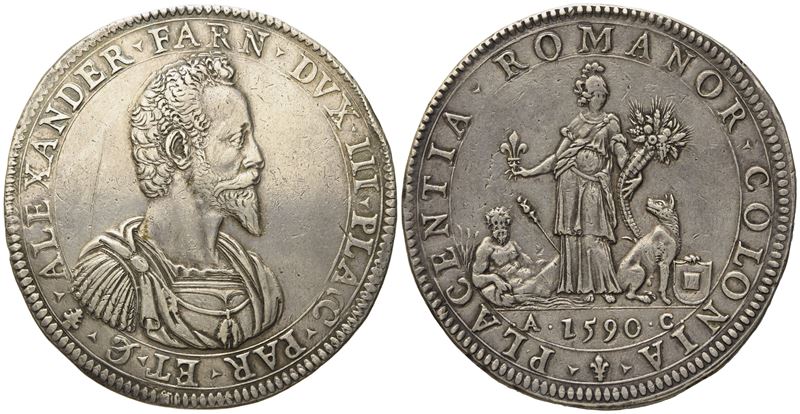 Piacenza. Alessandro Farnese (1586 - 1591). Doppio Ducatone 1590. Ag (64,4 G; 49,5 MM)