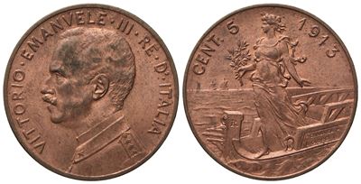 Regno D'italia. Vittorio Emanuele III (1900 - 1943). 5 Centesimi 1913 'italia su Prora'. Cu (4,99...