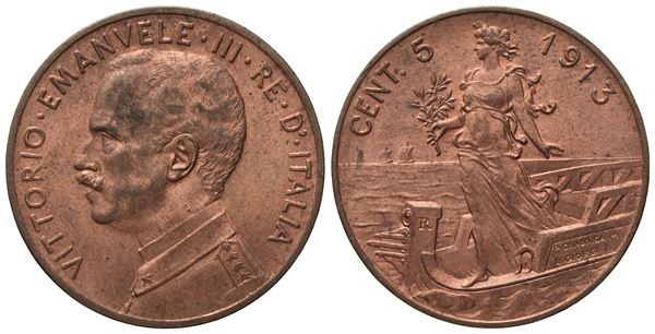 REGNO D'ITALIA. Vittorio Emanuele III (1900 - 1943). 5 centesimi 1913 "Italia su prora". Cu (4,99 g; 24,7 mm)  - Asta Monete e medaglie medievali e moderne italiane ed estere - Bertolami Fine Art - Casa d'Aste