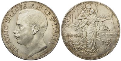 Regno D'italia. Vittorio Emanuele III (1900 - 1943). 5 Lire 1911 'cinquantenario'. Ag (25,03 G; 3...