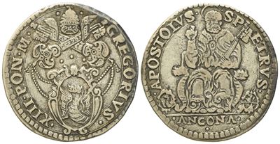 Stato Pontificio. Ancona. Gregorio XIII (1572 - 1585). Testone. Ag (9,4 G; 29,4 MM)