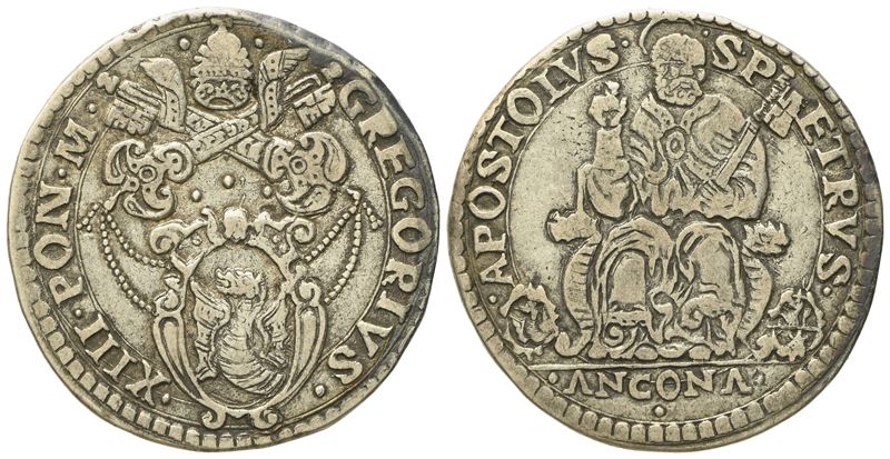 Stato Pontificio. Ancona. Gregorio XIII (1572 - 1585). Testone. Ag (9,4 G; 29,4 MM)