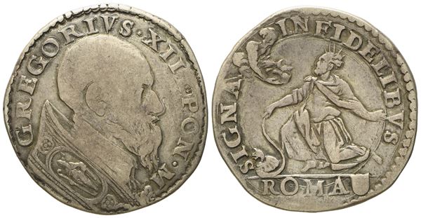 STATO PONTIFICIO. Roma. Gregorio XIII (1572 - 1585). Testone "Mosè inginocchiato". Ag (9,2 g; 29 mm)  - Auction Modern Coins - Bertolami Fine Art - Casa d'Aste