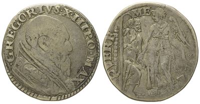 Stato Pontificio. Roma. Gregorio XIII (1572 - 1585). Testone "san Pietro e Angelo". Ag (9,58 G; 2...