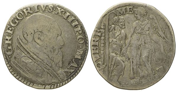 STATO PONTIFICIO. Roma. Gregorio XIII (1572 - 1585). Testone "San Pietro e angelo". Ag (9,58 g; 28,2 mm)  - Auction Modern Coins - Bertolami Fine Art - Casa d'Aste