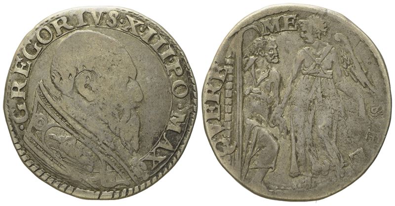 Stato Pontificio. Roma. Gregorio XIII (1572 - 1585). Testone "san Pietro e Angelo". Ag (9,58 G; 2...