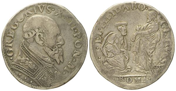 STATO PONTIFICIO. Roma. Gregorio XIII (1572 - 1585). Testone "san Pietro genuflesso davanti al Redentore". Ag (9,68 g; 29,7 mm)  - Asta Monete e medaglie medievali e moderne italiane ed estere - Bertolami Fine Art - Casa d'Aste