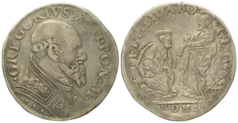 Stato Pontificio. Roma. Gregorio XIII (1572 - 1585). Testone "san Pietro Genuflesso Davanti al Re...